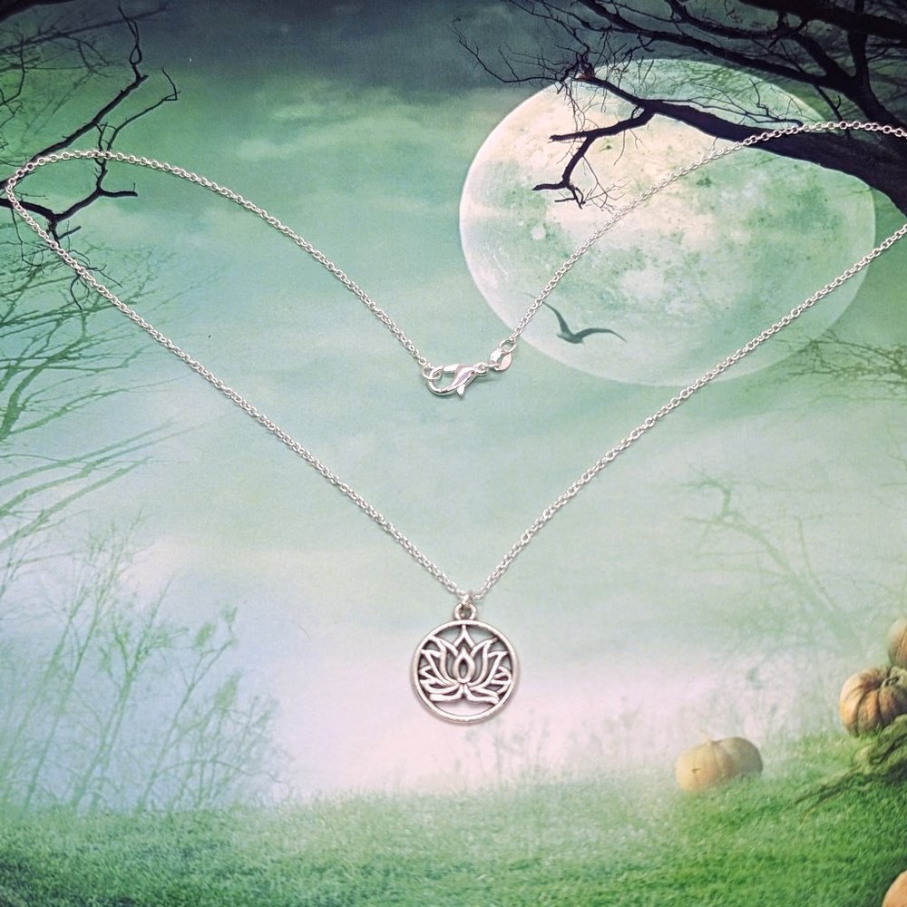 Buddhist Lotus Flower in Circle Silver Necklace - Picture 2 of 3